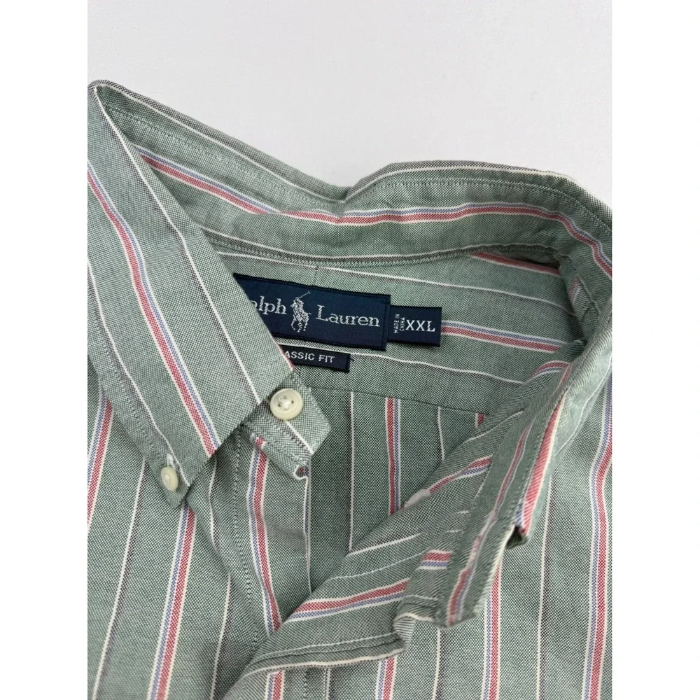 Ralph Lauren Classic Fit Mens XXL Green Striped Oxford Button Down Shirt Cotton